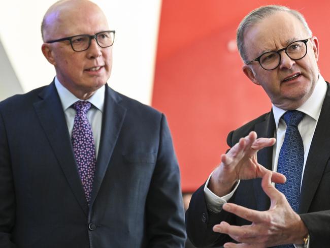 CANBERRA, AUSTRALIA, NewsWire Photos. JUNE 15, 2023: Peter Dutton, Anthony Albanese and Walter Mikac at the National Museum of Australia to mark the museum's acquisition of letters between then Prime Minister John Howard and Walter Mikac following the death of Mr Mikac's wife, Nanette, and their two young daughters, Alannah and Madeline in the Port Arthur massacre at the National Museum of Australia in Canberra. Picture: NCA NewsWire / Martin Ollman