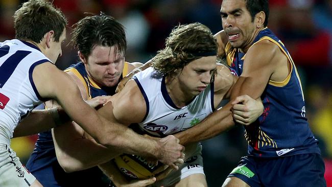 Fyfe was magnificent in his clash with Patrick Dangerfield.  Picture: Simon Cross