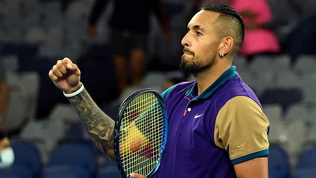 Nick Kyrgios celebrates after defeating Portugal's Frederico Ferreira Silva. Picture: AFP