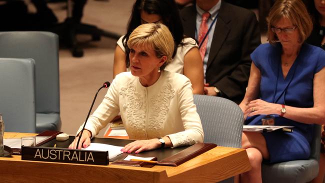 Former foreign minister Julie Bishop delivers a statement to the Security Council in New York during a resolution on the downing of Malaysia Airlines flight MH17.