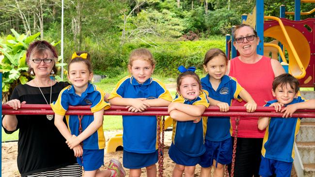 Eungella State School Prep Teacher Aide: Miss Malveen Woolmer, Fancy Paton, Abbey Hempseed, Alayla Higgins, Bodhi Storer-Simpson, Stirling Cannon, Teacher: Ms Julie Harris Picture: Michaela Harlow. My First Year 2024