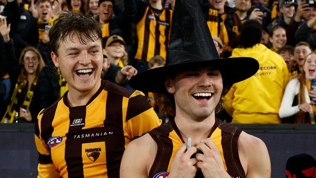 MELBOURNE, AUSTRALIA - SEPTEMBER 06: Jack Ginnivan (left) and Nick Watson of the Hawks are interviewed by Abbey Holmes during the 2024 AFL Second Elimination Final match between the Western Bulldogs and the Hawthorn Hawks at The Melbourne Cricket Ground on September 06, 2024 in Melbourne, Australia. (Photo by Michael Willson/AFL Photos via Getty Images)