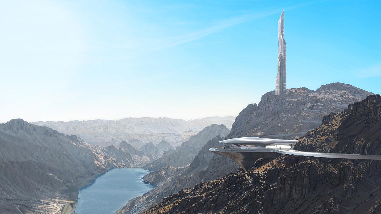 The “Vertical Ski Village”, a tower soaring high among Saudi Arabia’s arid mountains, is the central component of the Trojena mountain resort. Picture: NEOM