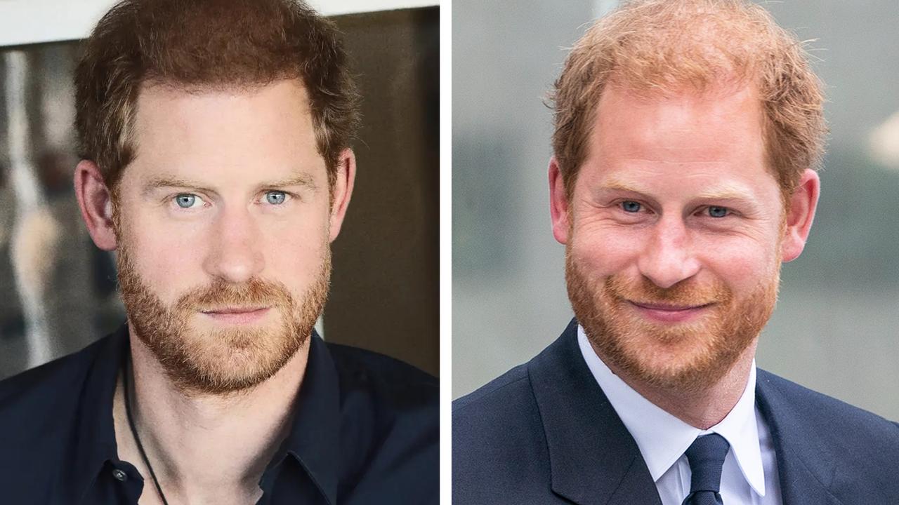 Prince Harry, who is Chief Impact Officer for coaching platform BetterUp, appeared with thicker, fuller and darker hair for his launch photo (left). He was later branded “pathetic” for allowing the adjustments. Picture: BetterUp, Getty Images