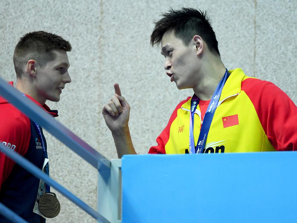 Sun Yang fires up at Duncan Scott. (Photo by Quinn Rooney/Getty Images)