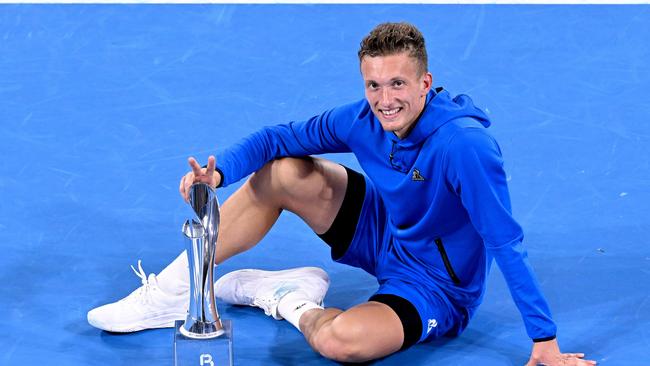 Jiri Lehecka of the Czech Republic celebrates his win. Photo: Bradley Kanaris/Getty Images.