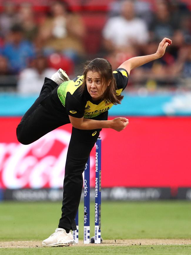 Molly Strano bowls the first over of the 2020 ICC Women's T20 Cricket World Cup.