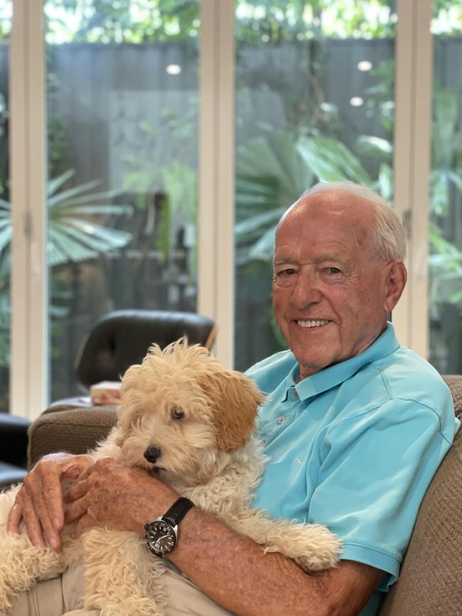 Veteran Port Douglas developer John Morris, pictured with Pebbles, has just completed his luxury Escape Villas development on land that was once a pineapple plantation, adjacent to the Mirage Golf Course. His developments have included Radisson Treetops resort, the Reef Resort Villas, Cayman Villas, Wetherby Station, Crystalbrook Station and the Wildlife Habitat. Picture: Bronwyn Farr