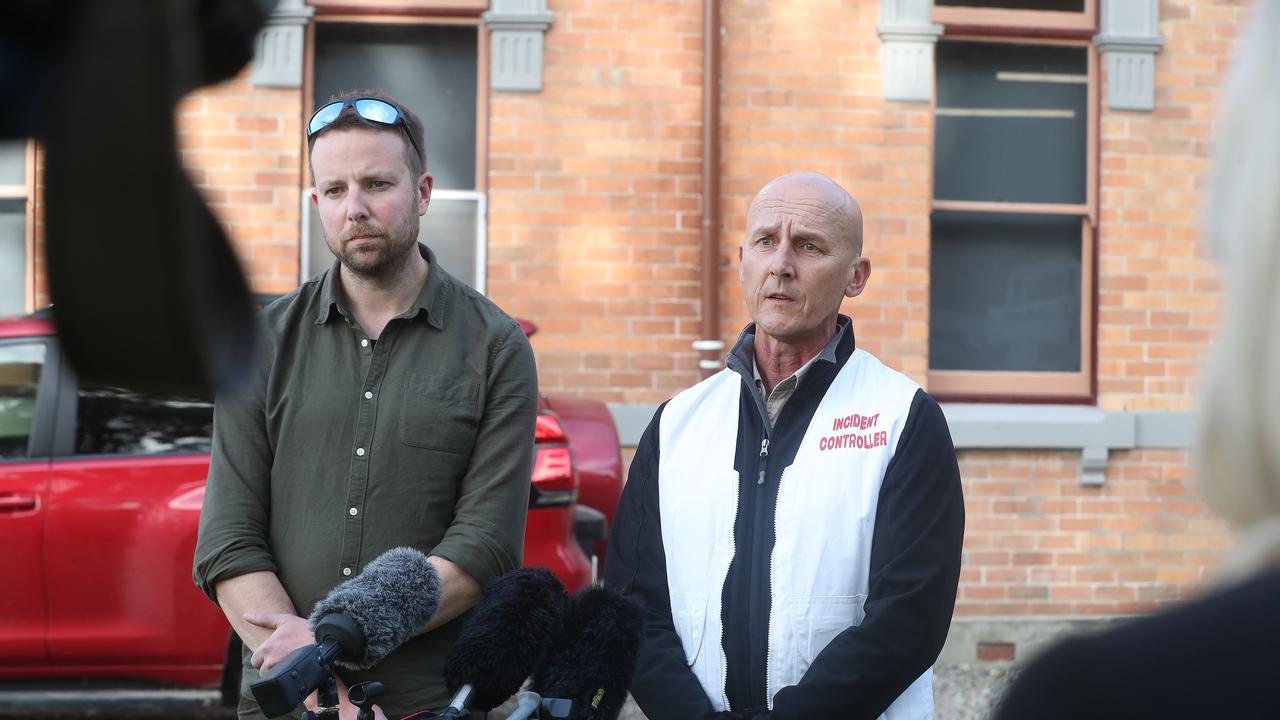 Kris Carlyon operations manager of the stranding event and Brendon Clark incident controller of the stranding event. Stranding of over 200 pilot whales at Macquarie Heads near Strahan Tasmania. Picture: Nikki Davis-Jones