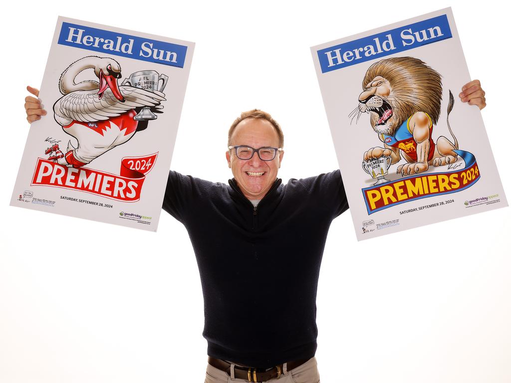 Herald Sun cartoonist Mark Knight  with his 2024 AFL Premiership Posters of the Sydney Swans and the Brisbane Lions. Picture: Ian Currie