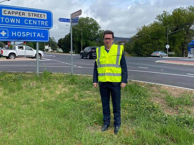 Member for Wagga Joe McGirr standing at the deadly intersection. Photo - Facebook.