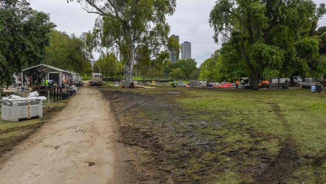 Harvest Fest is packed up in Rymill Park, leaving behind a muddy mess. Picture: NCA NewsWire / Roy VanDerVegt