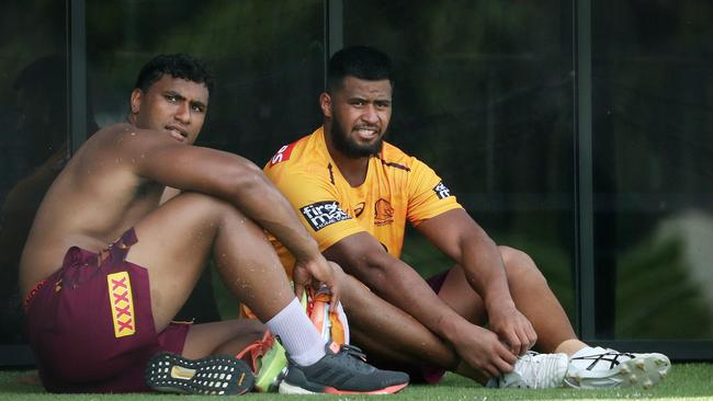 The inconsistent Tevita Pangai Jr (left) is paid more than Payne Haas. Photographer: Liam Kidston.