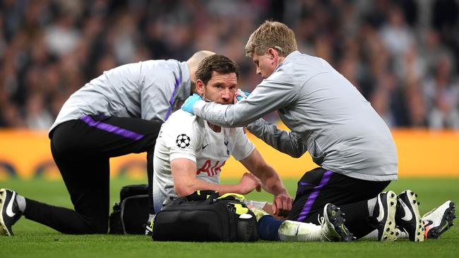 Spurs defender Jan Vertonghen is treated after a head clash. Picture: Getty Images