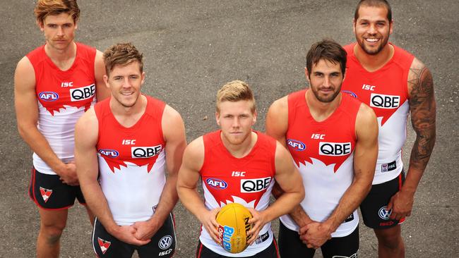 Sydney’s All-Australians (from left) Dane Rampe, Luke Parker, Dan Hannebery, Josh Kennedy and Lance Franklin. Picture: Mark Evans