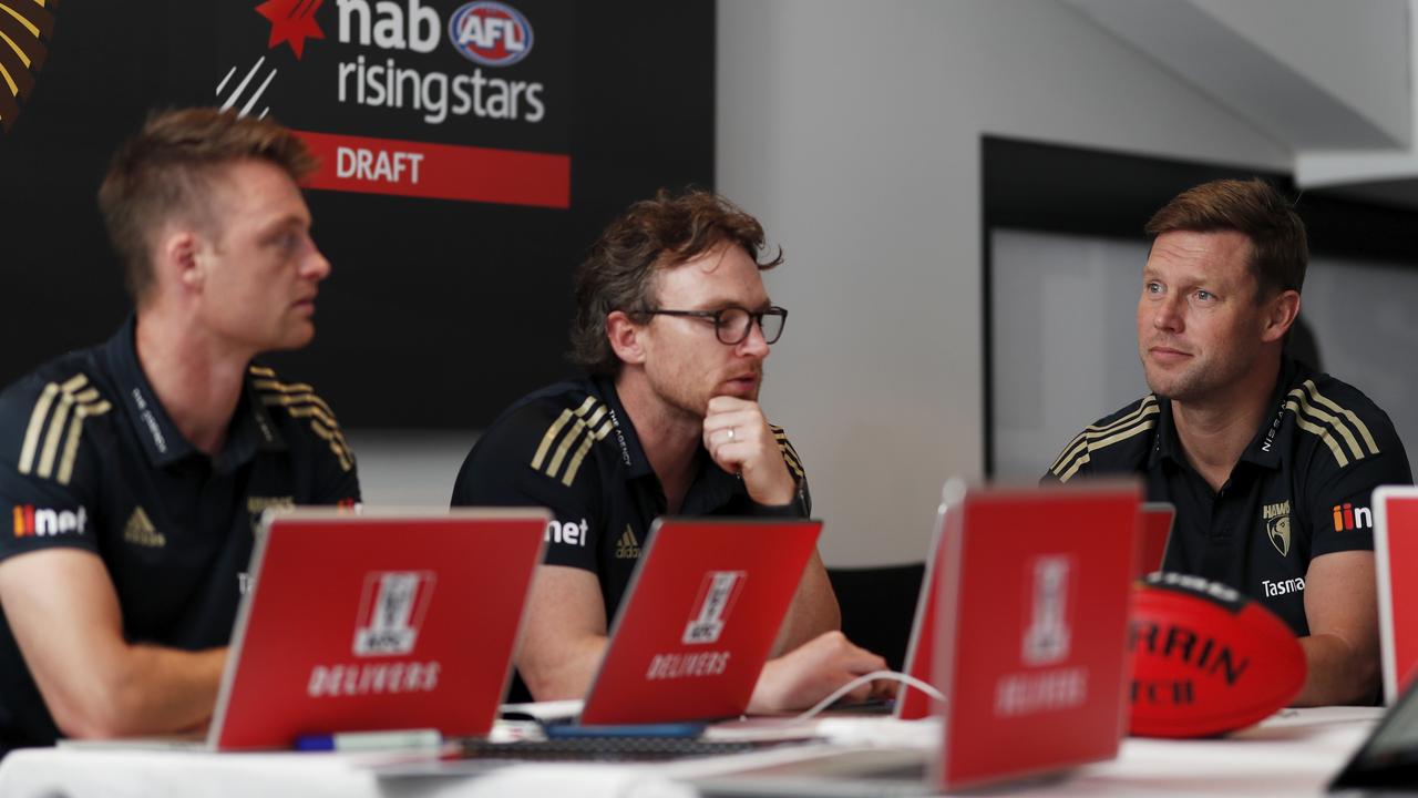 Coach Sam Mitchell and the Hawks recruiting staff at Marvel Stadium. Picture: Dylan Burns/AFL Photos via Getty Images