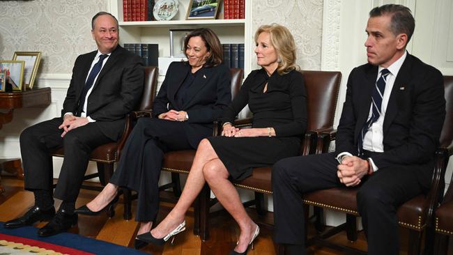 Second gentleman Doug Emhoff, Vice-President Kamala Harris, first lady Jill Biden and Hunter Biden listen to US President Joe Biden as he delivers his farewell address to the nation from the Oval Office. Picture: AFP