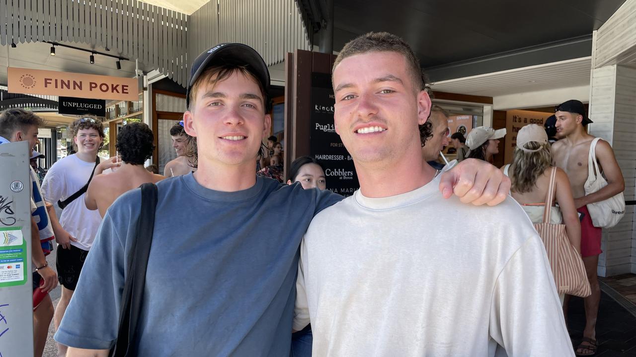 Jack Reynolds, 18, and Cooper Morton, 18, at Byron Bay Schoolies celebrations. Picture: Sam Stolz