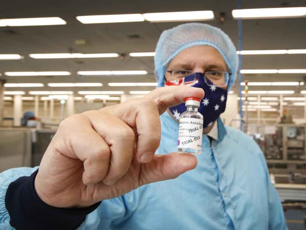 Prime Minister Scott Morrison visiting the CSL vaccine manufacturing facility in February 2021. Picture: David Caird-Pool/Getty Images