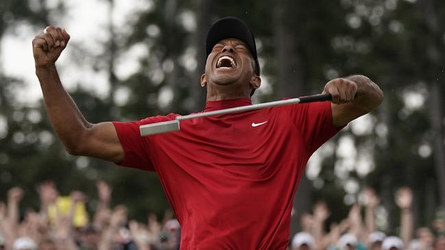 Tiger Woods reacts after winning the Masters. Picture: AP Photo/David J. Phillip