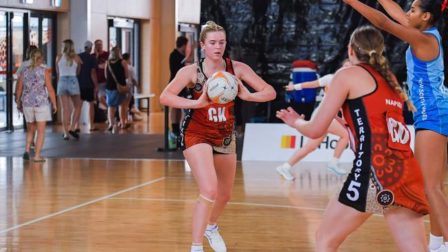 The NT’s Taylah Flack passes off the ball against NSW in the 2023 National Netball Championships. Picture: Pema Tamang Pakhrin