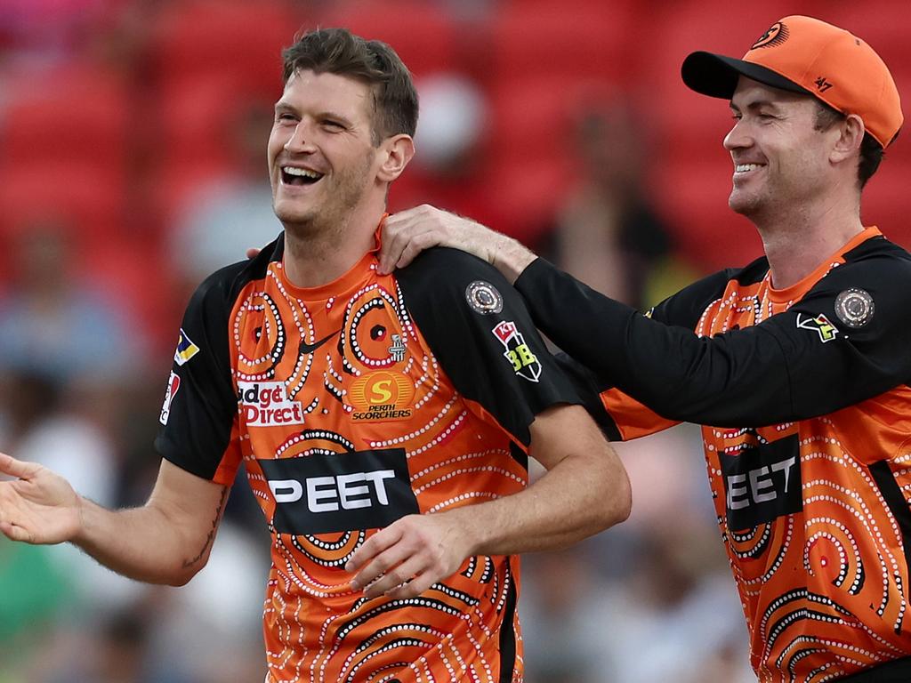 David Payne enjoys a wicket for Perth Scorchers. Picture: Matt King/Getty Images