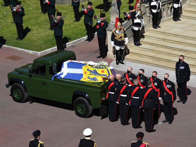 Pallbearers of the Royal Marines stand by the coffin of Prince Philip. Picture: Justin Tallis/AFP