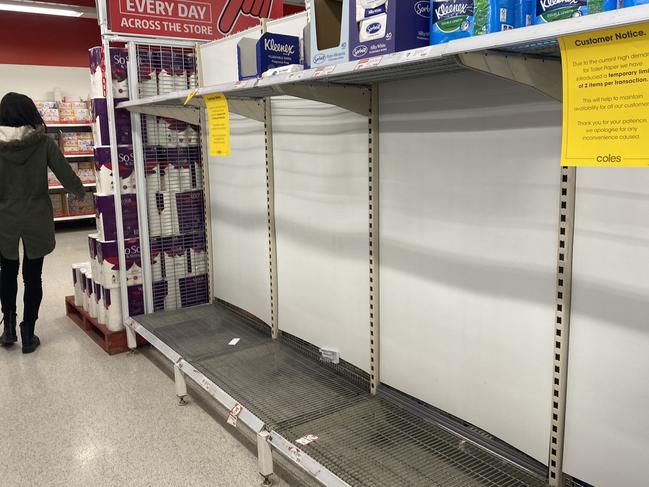 Empty shelves have been spotted in Port Pirie after toilet paper was snapped up following the lockdown announcement. Picture: Shari Hams