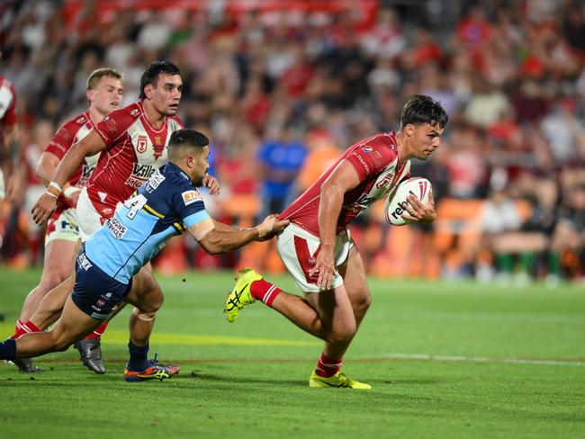 Julian Christian (Devils) tackles Jackson Frei (Dolphins) in the Hostplus Cup grand final. Picture: Zain Mohamnmed/QRL