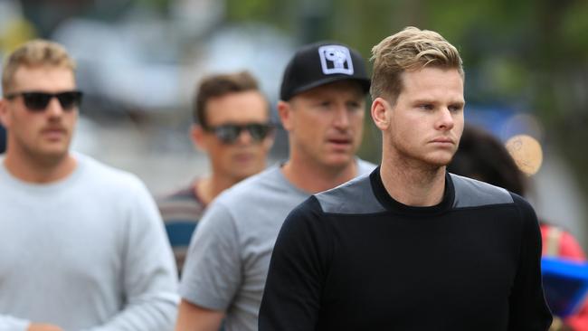 Steve Smith, Brad Haddin, Aaron Finch and Steve O’Keefe (front to back) arrive at St Vincent’s Hospital. Picture Craig Greenhill