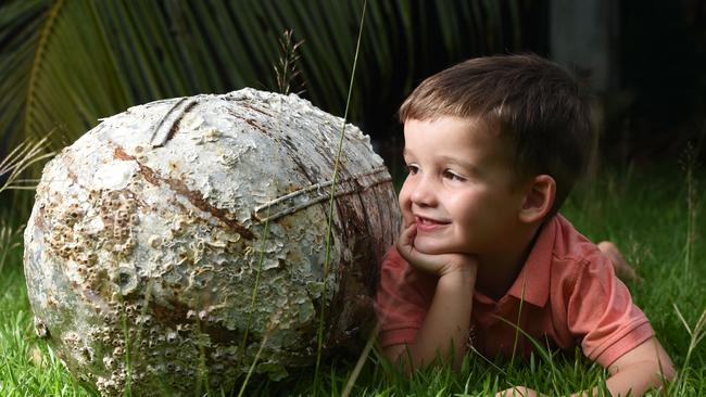 Kai Humbles (4) found an oxygen tank from a B17 Bomber on Lee Point Beach. PICTURE: Helen Orr