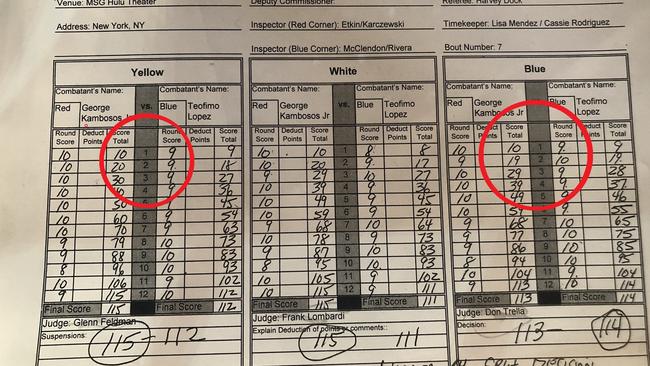 The official scorecard for the Kambosos-Lopez fight. Photo: Twitter, Dan Rafael.