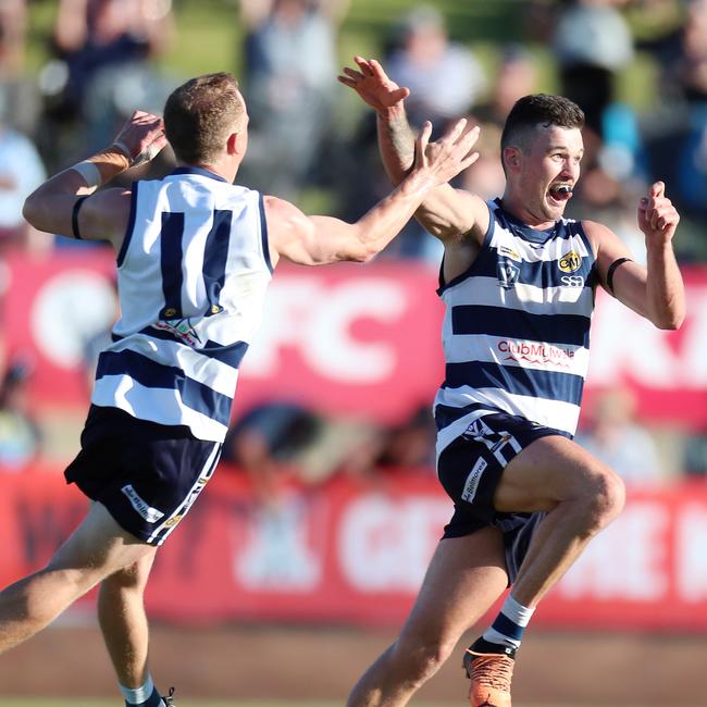 Yarrawonga’s Cameron Wilson and Bailey Frauenfelder celebrate the latter’s goal in the final term.