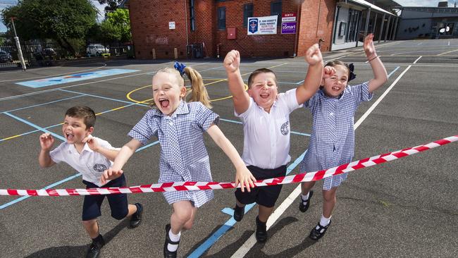 St John Vianney’s Primary School students Levi, Tilly, Rocco and Milly. Picture: Rob Leeson.