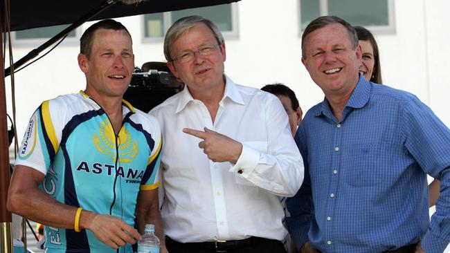 Former Prime Minister Kevin Rudd, former SA Premier Mike Rann and cyclist Lance Armstrong during his infamous TDU visit.