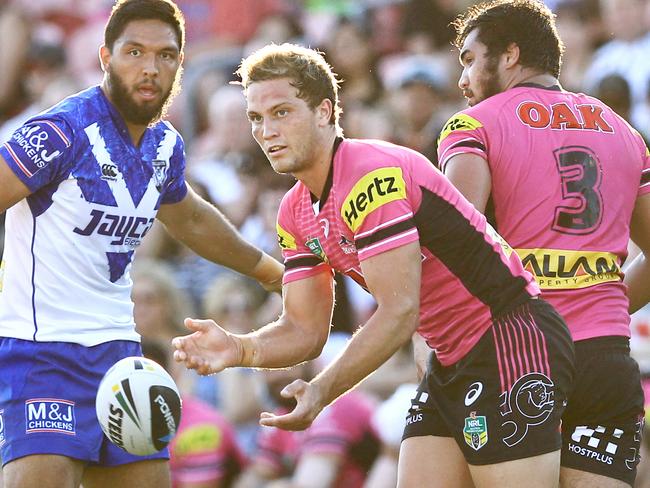 Panthers Matt Moylan (passing) in action during the Penrith Panthers v Canterbury Bulldogs pre season trial game Pepper Stadium , Penrith. Pic Jenny Evans