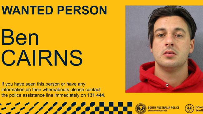 Benjamin Cairns was wanted for breaching his home detention bail after he cut of his ankle monitor. Photo: SAPOL