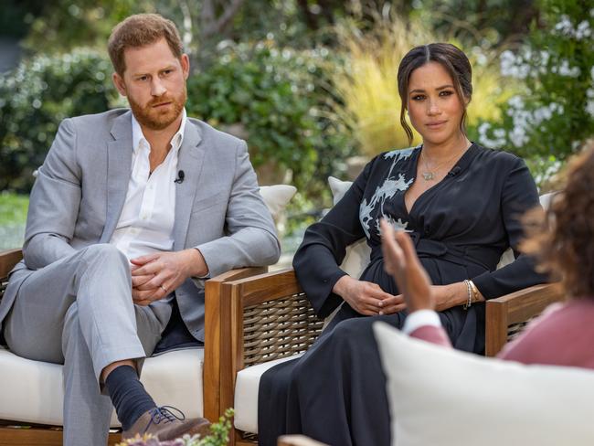 ‘This wasn’t our day.’ Prince Harry and Meghan Markle during their tell-all with Oprah. Picture: Getty Images