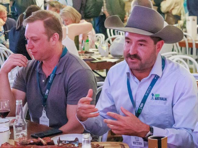 **HOLD FOR THE SUNDAY MAIL 12 MAY 2024** Journalist Michael Madigan dining with Premier Steven Miles, Beef Australia's Bryce Camm and Grant Cassidy and Labor stalwart Robert Schwarten at Beef 2024 in Rockhampton. Photo: Steve Vit.