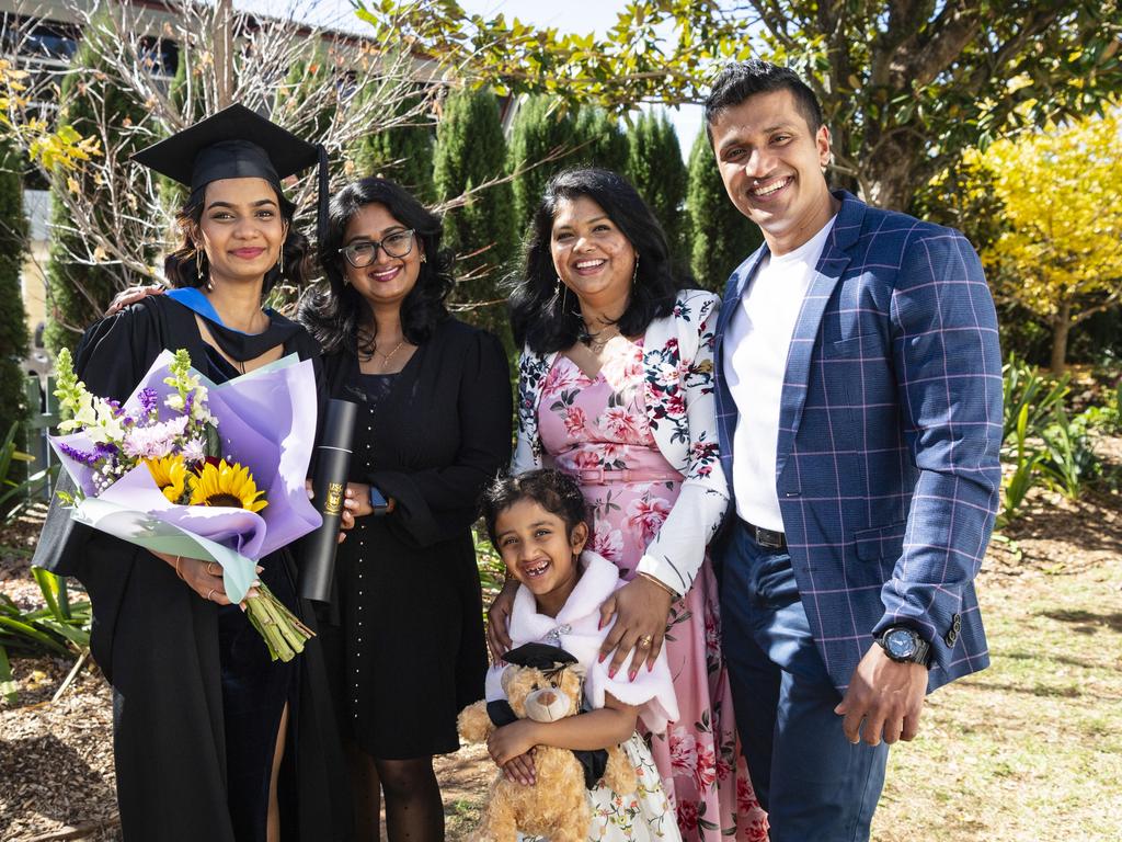Celebrating with Bachelor of Nursing graduate Therase Laiju are family and friends (from left) Anna Laiju, Jeana Jobin, Jeena Saji and Jobin John at a UniSQ graduation ceremony at Empire Theatres, Wednesday, June 28, 2023. Picture: Kevin Farmer