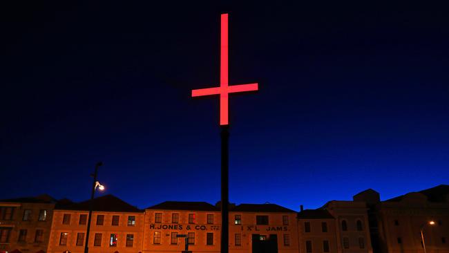 One of the inverted red crosses on the Hobart waterfront for Dark Mofo. Picture: SAM ROSEWARNE