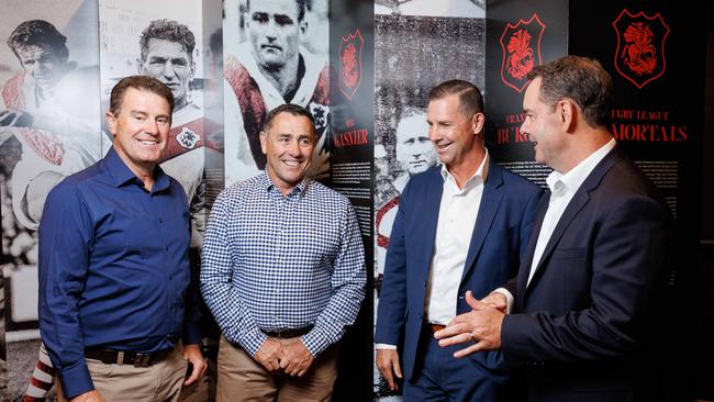 (L-R) Mark Taylor, Shane Flanagan, Mark Coyne and Andrew Lancaster pose for a photo at The Dragons Way Breakfast in the St George Illawarra NRL club museum. Picture: Max Mason-Hubers