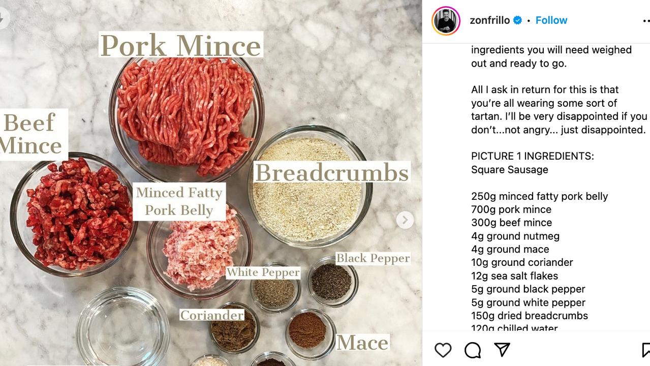 Jock Zonfrillo shared one of his favourite recipes - Square Sausage - on Instagram in August 2020. Picture: Instagram