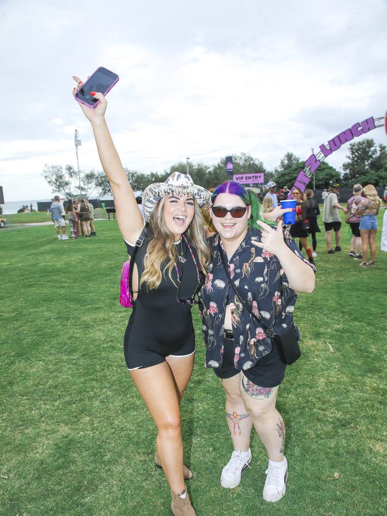 Rebecca Hulme and April Petts at the Out 2 Lunch festival on the Coolangatta beachfront. Picture: Glenn Campbell