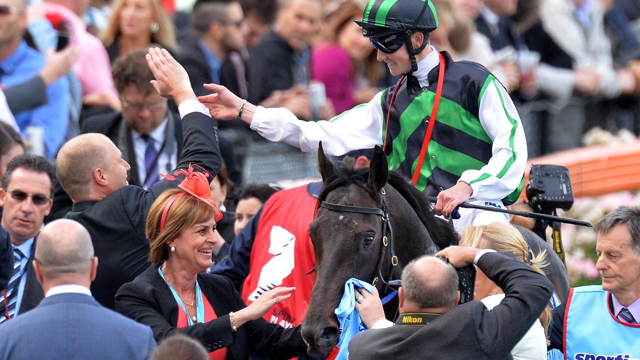 Chad Schofield, then 19, celebrates his 2013 Cox Plate win on Shamus Award. Picture: Jay Town