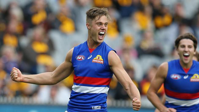 Bulldogs forward Josh Schache celebrates a goal in the Round 2 match against Hawthorn at the MCG. Picture: Michael Klein   