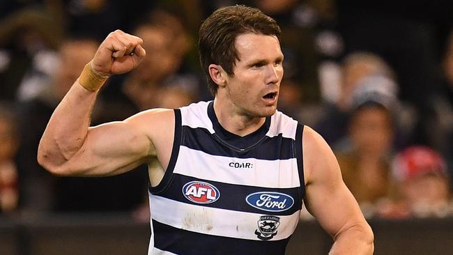 Patrick Dangerfield celebrates one of his four goals. (AAP Image/Julian Smith)