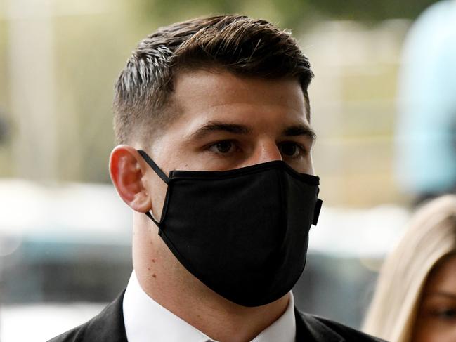 SYDNEY, AUSTRALIA - NCA NewsWire Photos SEPTEMBER, 9, 2020: Curtis Scott is seen arriving at Downing Centre Court, in Sydney. NRL player Curtis Scott has been charged after he allegedly assaulted police and resisted arrest. Picture: NCA NewsWire/Bianca De Marchi