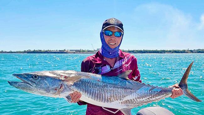 This whopper Spanish mackerel would have sure made a tasty snack for any marauding shark packs. Steve Roberts caught the 1.5m fish in Darwin Harbour. Picture: Supplied