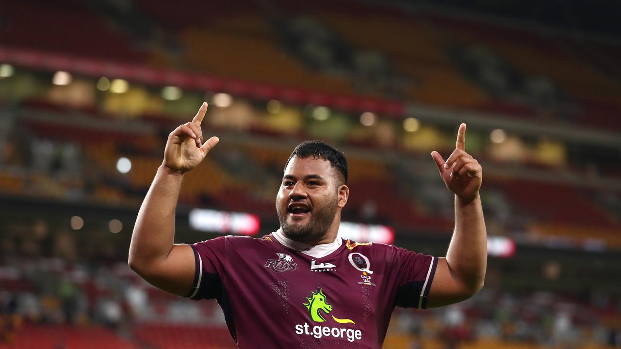 Star Reds prop Taniela Tupou celebrates reaching the Super Rugby AU grand final. Picture: Chris Hyde/Getty Images